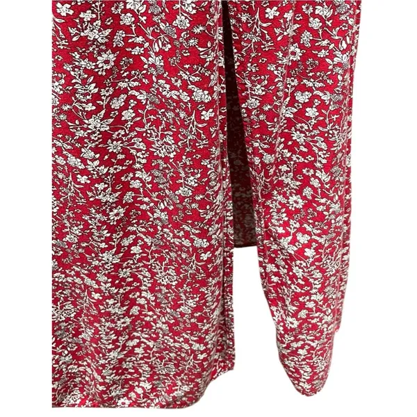 Cottagecore Boho Off Shoulder smocked Floral Maxi Dress Beach Slit Red white M/L - Image 8