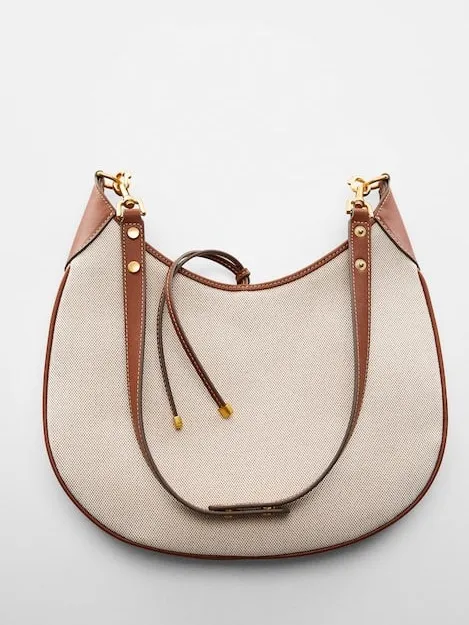 Mango MNG NWOT cognac brown leather Canvas Hobo Shoulder Bag in Beige and Brown - Image 7