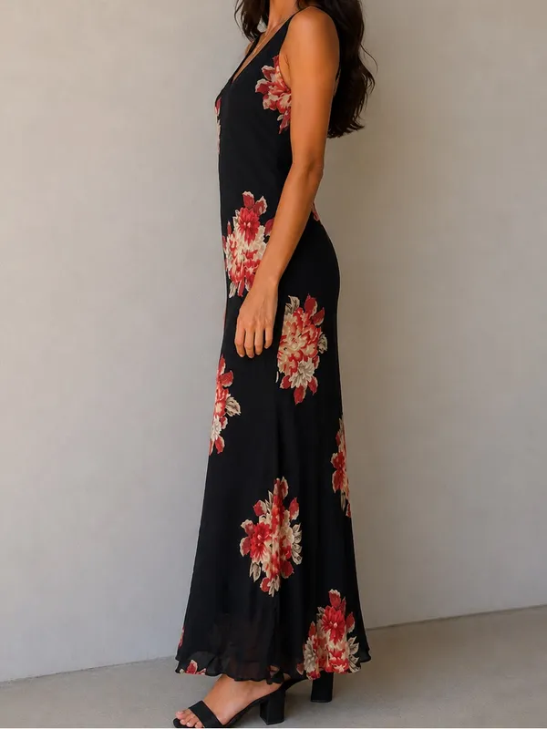 Vintage Temptation Black Floral Maxi Dress 90s Rayon Chiffon Overlay Size M - Image 2