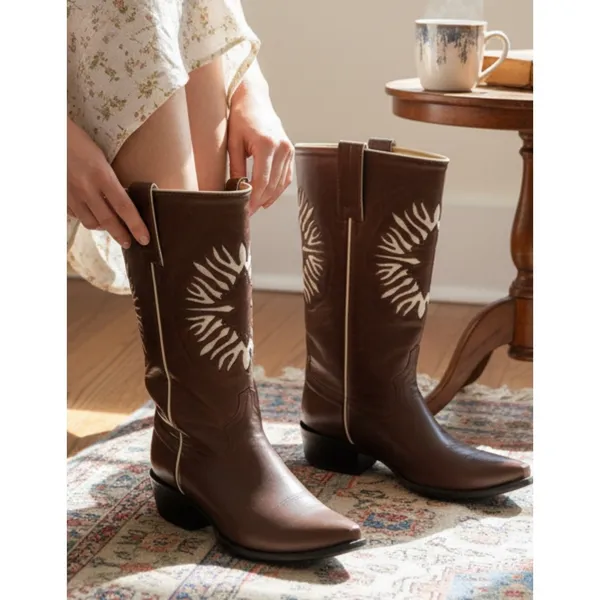 Bye Mexicana Boots Brown 8.5 Women Sun Inlay Western Cowboy Leather Boots 39 - Image 3
