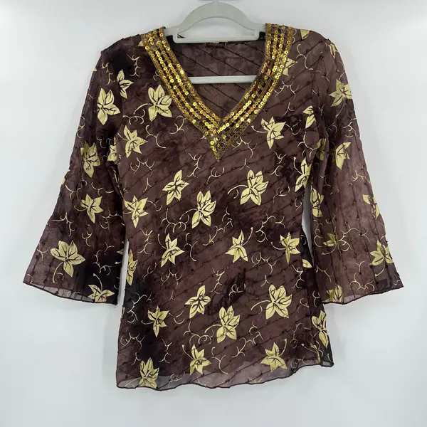 Y2K Boho Sheer Sequin Top Sz M Stevie Nicks Festival Embroidered Brown Indie - Image 11