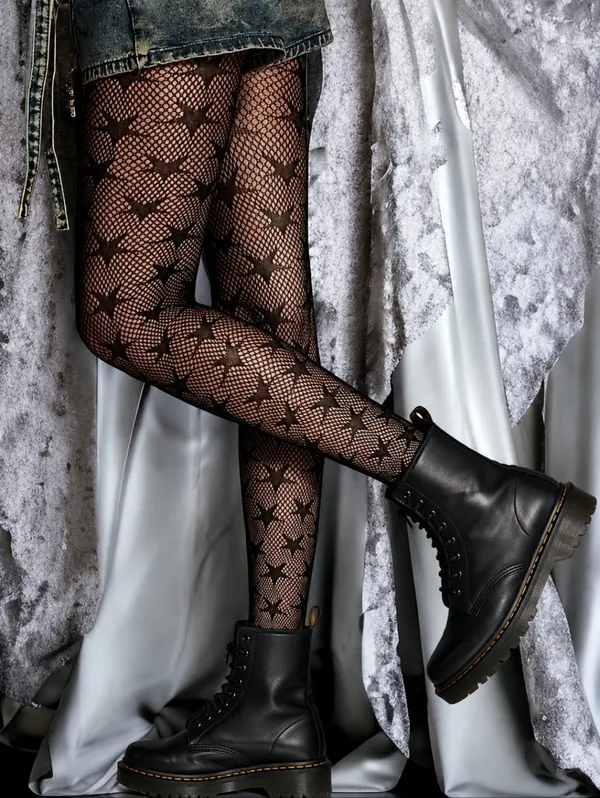 Black Jacquard Fishnet High Waist‎ Footed Tights With Star Pattern One Size - Image 6