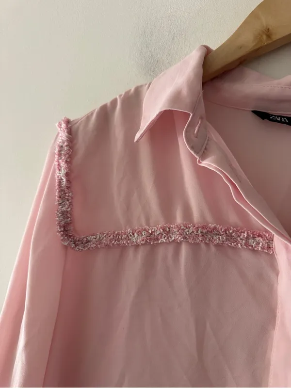 Zara‎ Pink Fringe Long Sleeve Button Down Top - Image 2