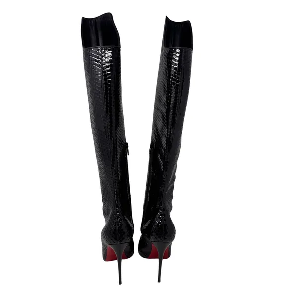 Christian Louboutin Alta Botta 100 Black Patent Bird Knee High Boots 38.5 - Image 4