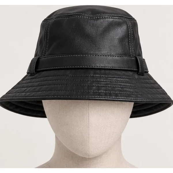 VTG Coach Black Leather Bucket Hat P/S Belted Buckle Signature Lining Y2K - Image 2
