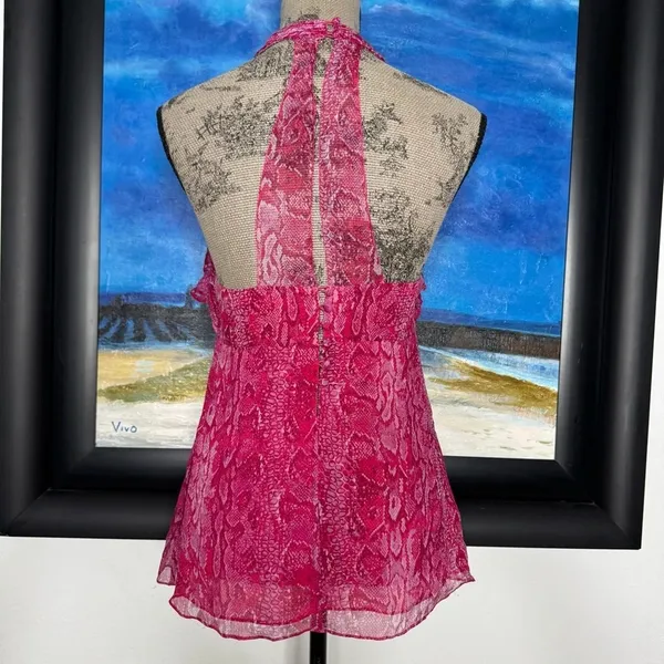 BCBGMaxAzria Ruffled Pink Snake Print Silk Halter Blouse Top Azaelea SMALL - Image 5