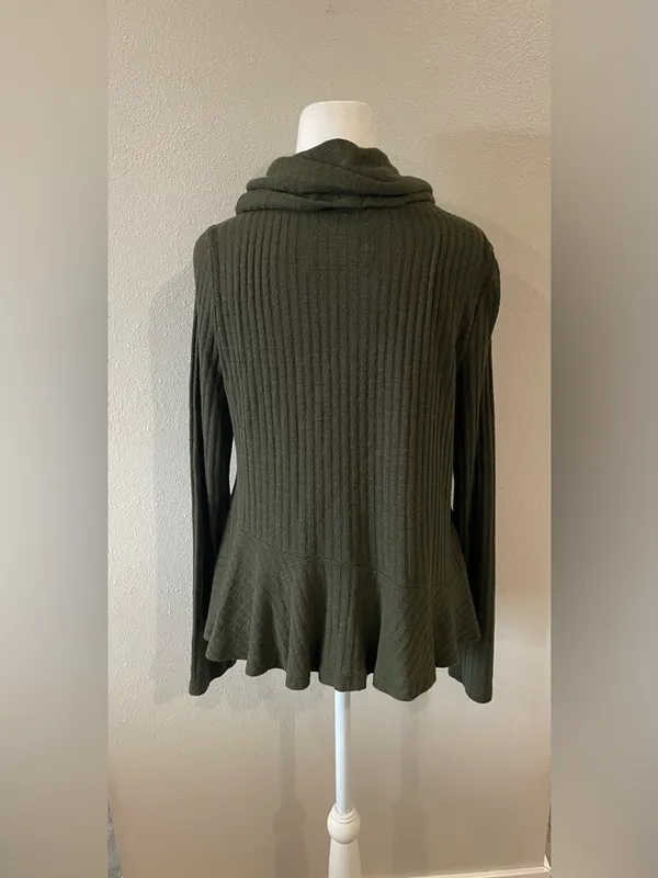 Maeve for Anthropologie Ribbed Knit Top Cowl Neck Flared Hem Olive Green - Image 4