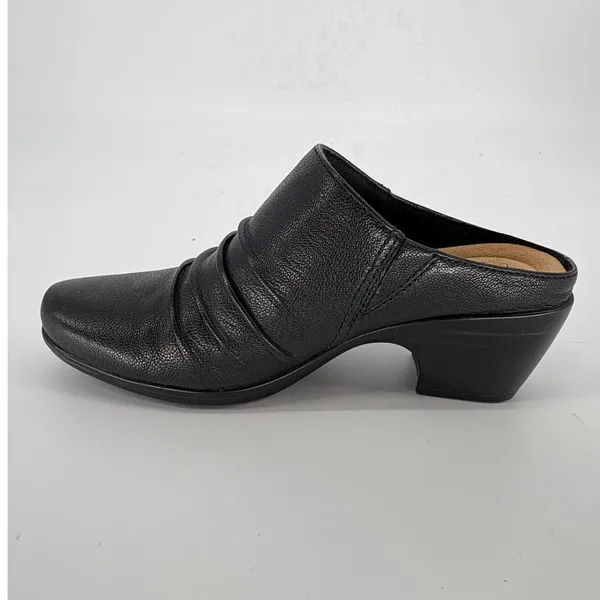 Clarks‎ Collection Mules Womens 6 Black Leather Ruched Slip On Block Heel Shoes - Image 2