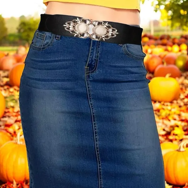 Golden Double Buckle Black Waspie Belt Stretchy Elastic Accentuating‎ Waist Band - Image 5