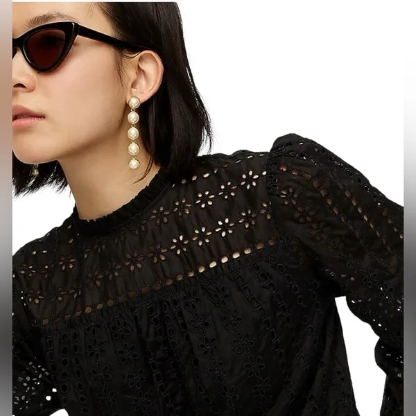 J. Crew White Eyelet Cotton Long Sleeve Tie Back Blouse - Image 11
