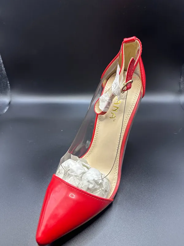 Liliana Red Clear Lucite Ankle Strap Pointed Toe Stiletto Pumps 7.5 Femme Fatale - Image 6