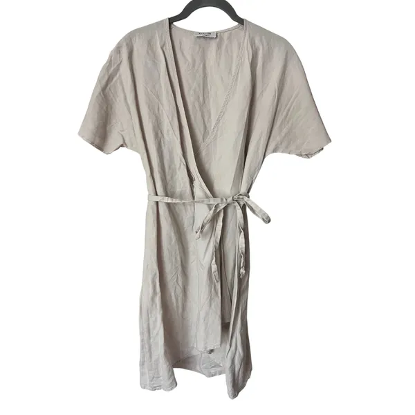Aritzia Babaton Wallace‎ Wrap Linen Mini Dress Size Small Tan Short Sleeves - Image 2