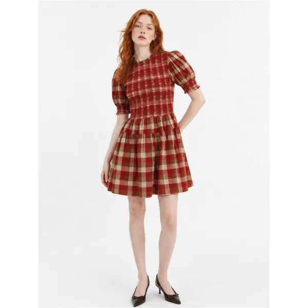 AUREUM Smocked Checkered Mini Dress Red Brown Plaid Cottagecore Prairie Size S - Image 2