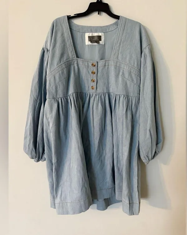 By Anthropologie Long-Sleeve Square-Neck Denim Mini Babydoll Dress Size M NWOT - Image 4