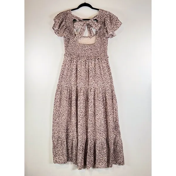 Revolve Majorelle Dress Beige Jade Maxi Cheetah Fit Flare Tiered Smocked Small - Image 4