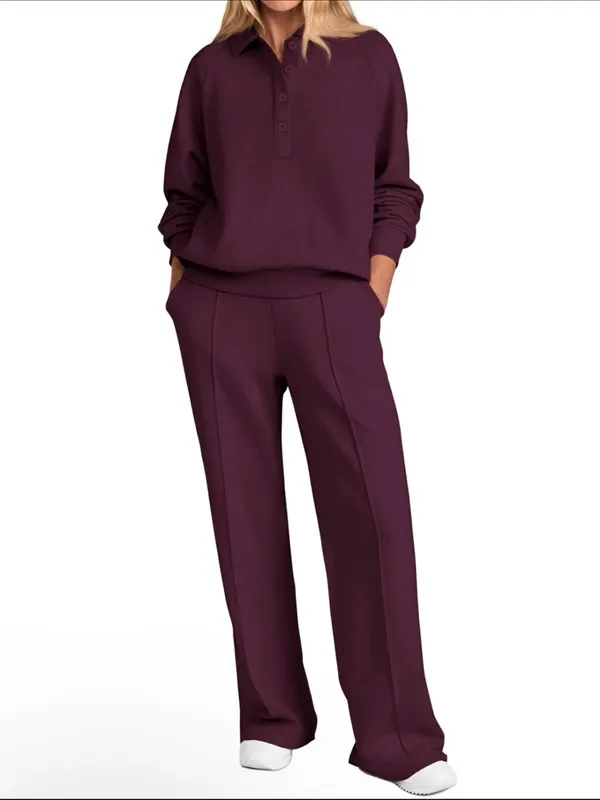 PRETTYGARDEN Women 2Piece Outfit Sweatsuits Quarter Button Long Sleeve Dark Red - Image 2