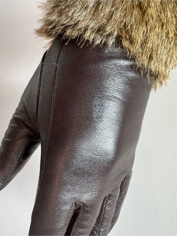Club Monaco Women’s Chocolate Brown Leather Wool Cashmere Gloves Size Small - Image 8