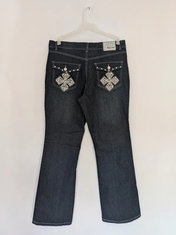 NWT Womens 12 Dark Wash Stretch Bootcut Jeans Y2K Bling Rhinestone Cross Pockets - Image 13