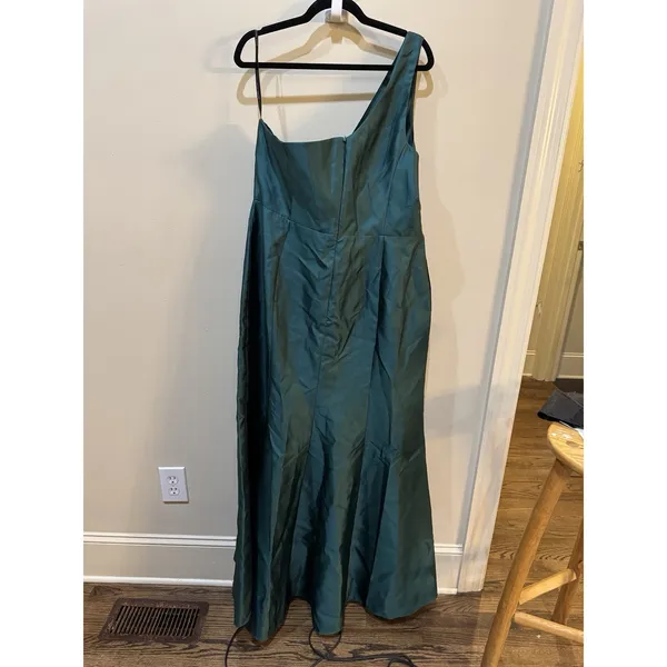 $257 Alfred Sung Hunter Green Shantung One Shoulder Pleated Gown Size 20 R1 D827 - Image 4