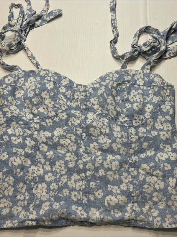 Reformation 100% Linen Jaxon Tie Strap Corset Top Women Sz 10 Blue White Boho - Image 2
