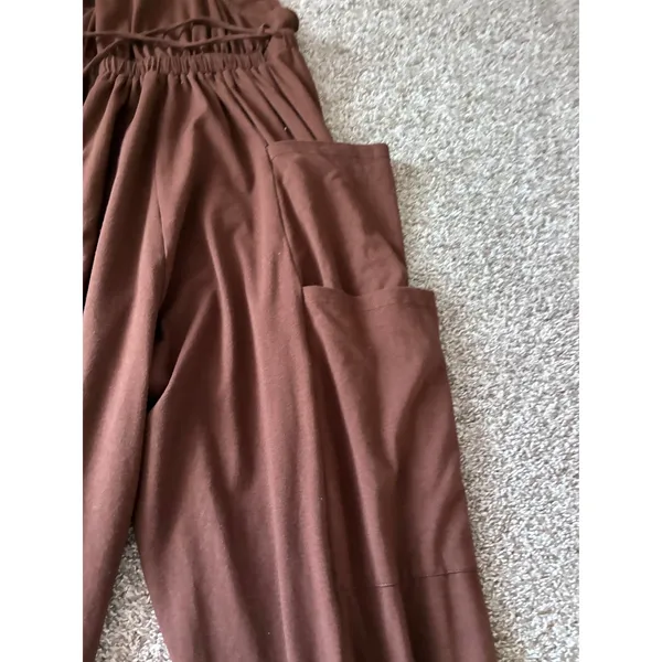 Anrabess Brown Sleeveless Cargo Pocket Jumpsuit XL Cross Back Jogger Hem Romper - Image 6