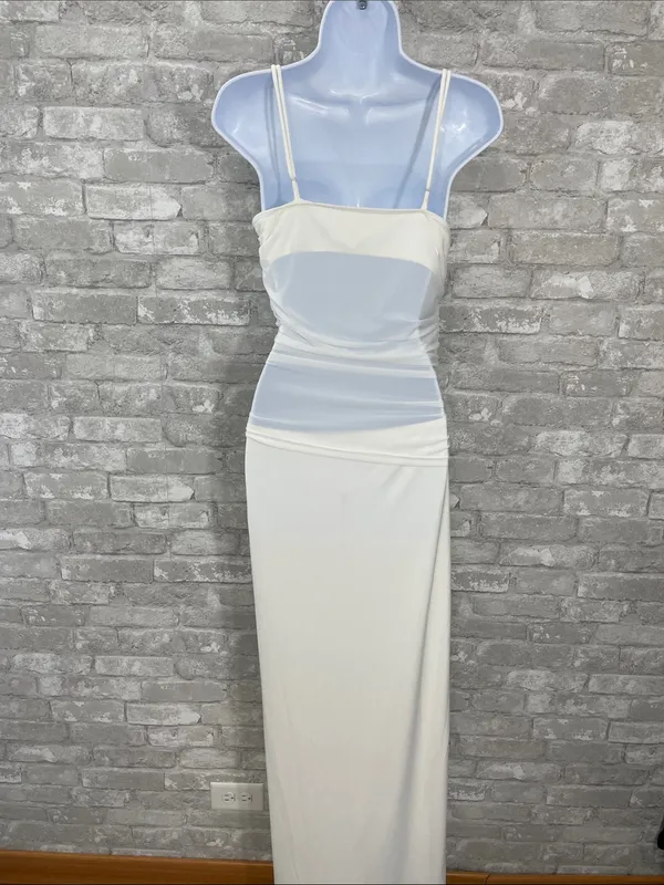 White Spaghetti-Strap Maxi Dress with Ruched Waist - Image 3