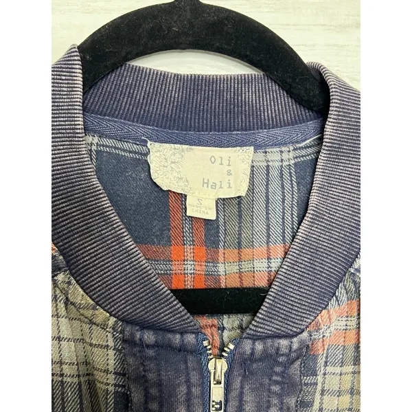 Oli & Hali Plaid Blue Bomber Jacket Small Full Zip Mixed Media Shacket - Image 5
