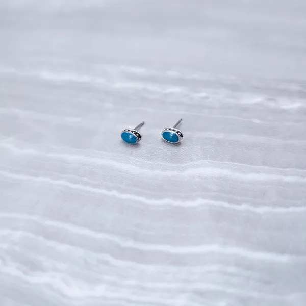 Dark Turquoise Tone & Silver Tone Dainty & Small Stud Earrings - Image 2