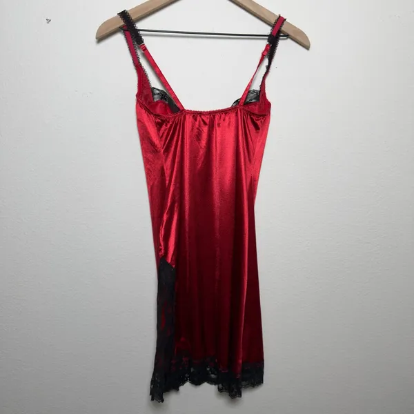 VTG 90s Victoria Secret Women Slip Dress 34C Cherry Red Lace‎ Trim Bustier Vamp - Image 9