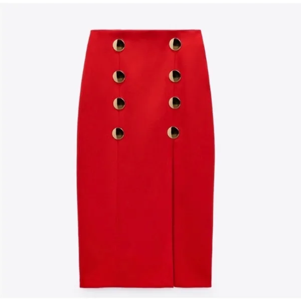 Zara Red High Waisted Midi Skirt Gold Buttons Front Slit Size Small - Image 2