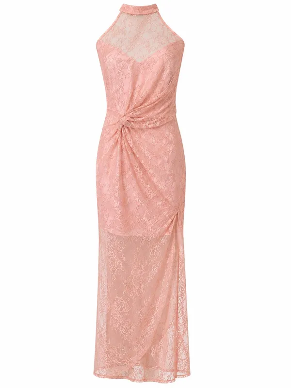 NBD Revolve Dusty Pink Lace Halter Gown Cottagecore Barbie Formal Dress M Prom - Image 10