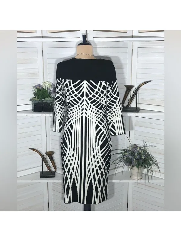 Y2K Black White Sweater Dress Avant Garde 3/4 sleeves artsy whimsi futuristic M - Image 2
