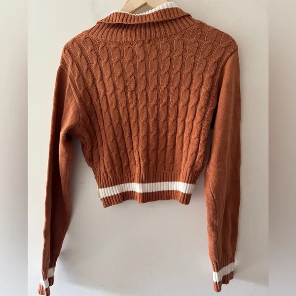 Kendall & Kylie Rust Brown Varsity Crop Sweater White Stripe‎ Knit - Image 3