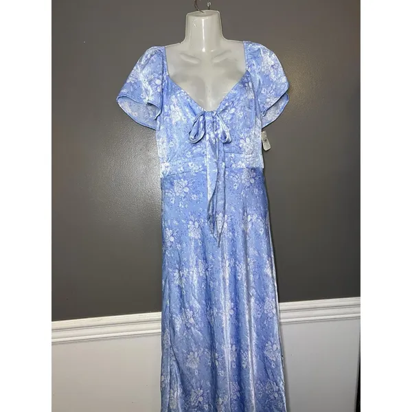 Altar'd State Dress Womens Medium Blue Floral Tie Front Flutter Sleeve Maxi - Image 2
