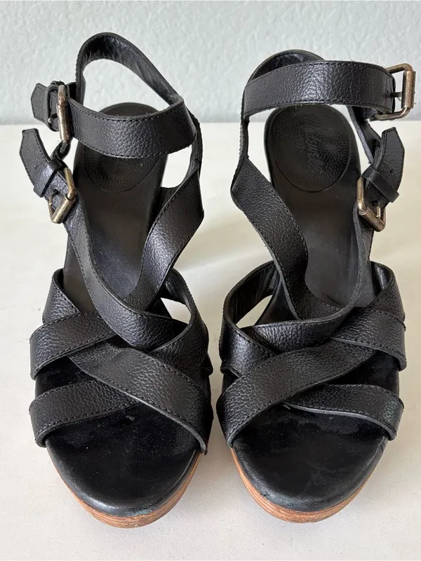 Madewell Black Leather Ankle Strap Platform Wood High Heels Sandals Womens Sz 10 - Image 4