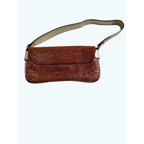 Kate Spade Baguette Shoulder Bag Coral & Gold Metallic Strap Party Clutch - Image 5