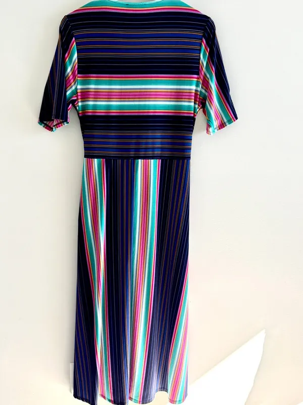 Chaus Women Striped Faux Wrap Midi Dress Large Multi Color Retro Preppy Top - Image 3