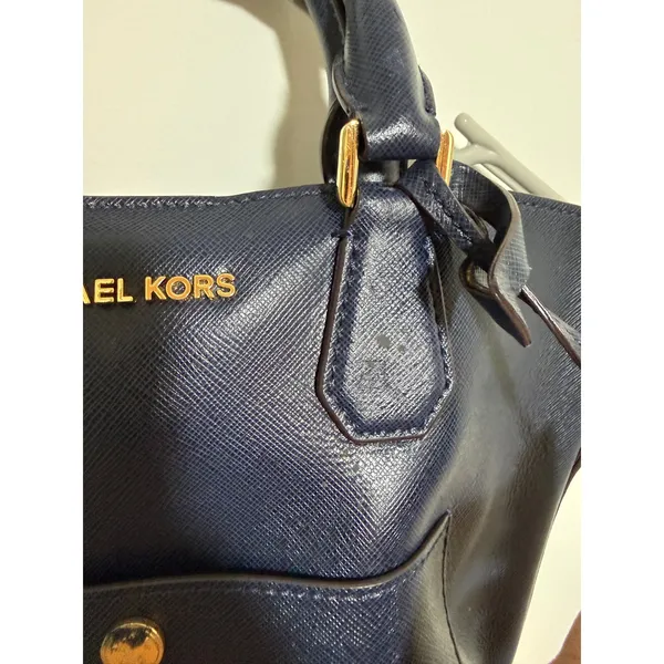Michael Kors Saffiano Leather Satchel Womens Navy Blue Gold Hardware Handbag - Image 7