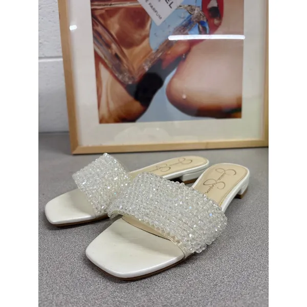 Jessica Simpson Sz 6 Ghilley White Beaded Slip On Dressy Flat Square Toe Sandals - Image 2
