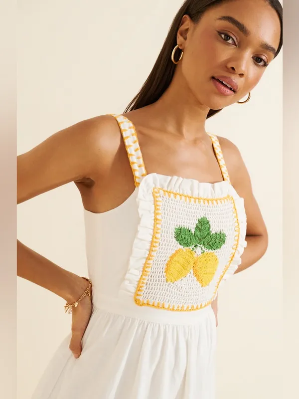 SAYLOR White Lemon Crochet Bib Midi Dress Ruffle Tiered Sundress Small - Image 2