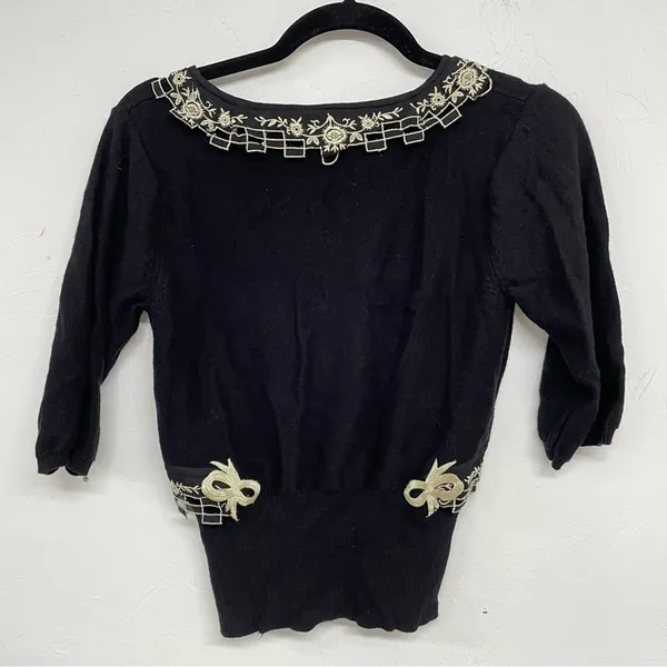 Anthropologie Field Flower Black Short Sleeve Lace Trim Sweater Womens S Y2K - Image 6