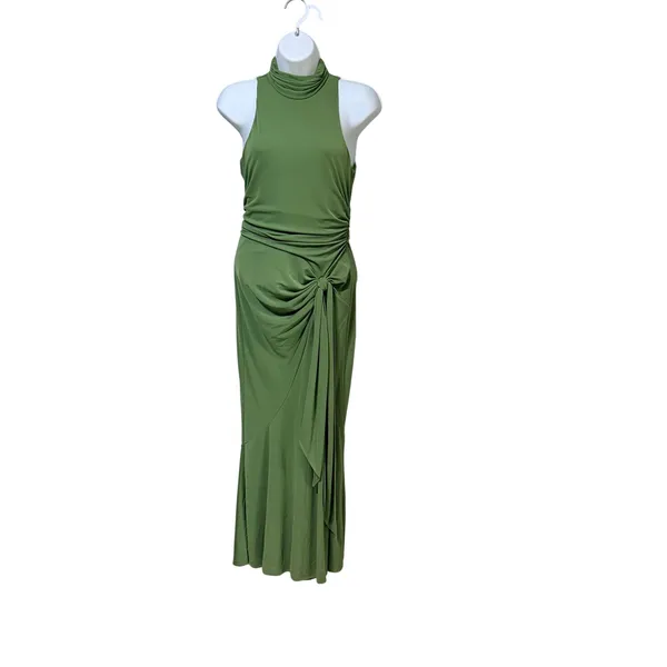 Olive Green Mock Neck Ruched Side Tie Midi Dress Sleeveless Mermaid Hem - Image 3