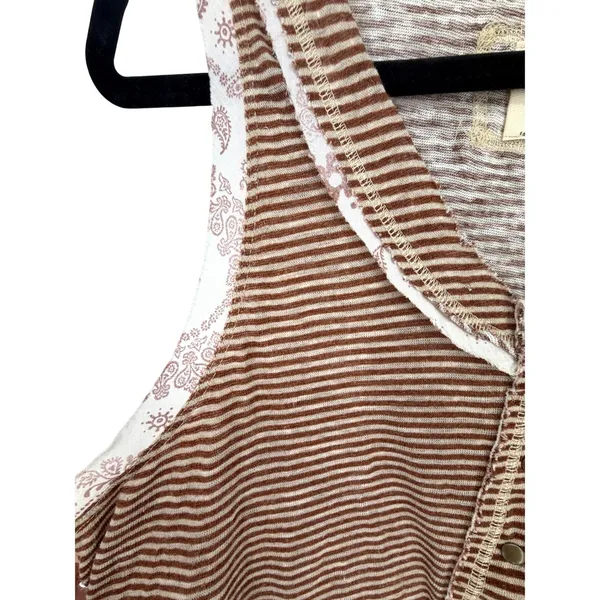 Free People Tank Top Striped Henley Medium Brown Linen Blend Boho Sleeveless - Image 6