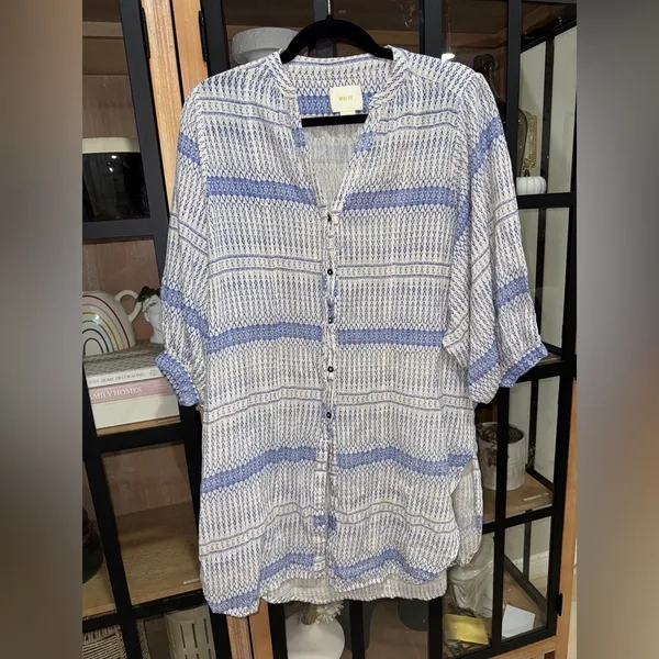 Anthropologie Maeve Yarn Dyed Lena Tunic Top 3/4 long balloon Sleeves Oversized - Image 5