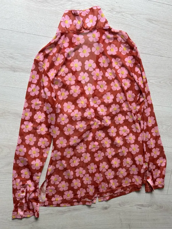 Women's Button Down Floral Shirts 2026 Summer Long Sleeve V Neck Sheer Mesh Tops - Image 4