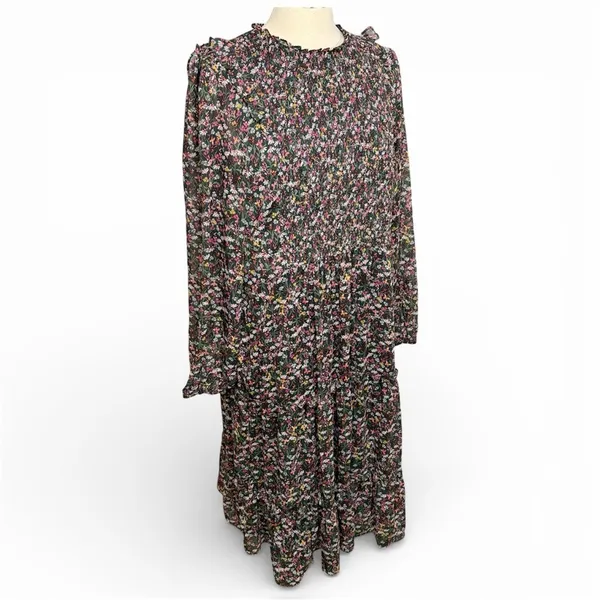 DRAPER JAMES RSVP Dark Green Chiffon‎ Floral Smocked Long-Sleeve Midi Dress, XXL - Image 6