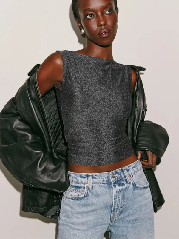 Reformation Dusk Knit Top in Core Black Silver Sparkle XS - Image 3