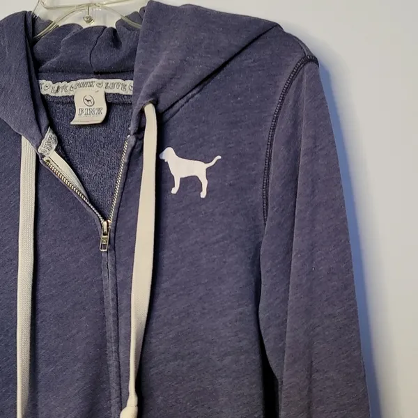 PINK - Victoria's Secret zip up hooded hoodie blue sweatshirt sz Medium - Image 4