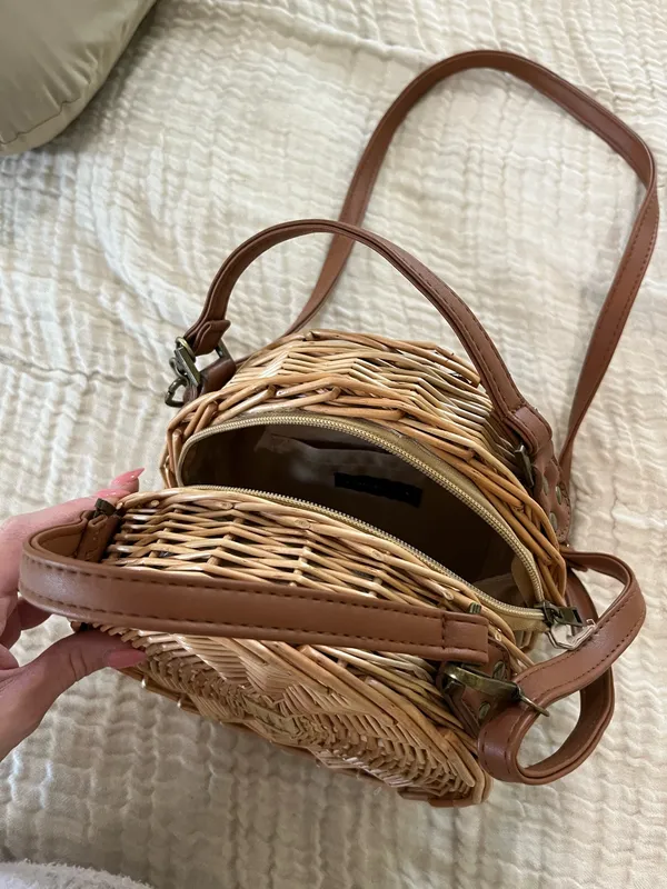 South Beach Woven Rattan Round Crossbody Purse - Image 2