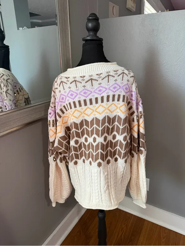 Pol x Anthropologie V Neck Studded Geometric Oversized Knit Sweater Large - Image 5